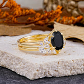 Luxury 6-Prong Oval-Cut Natural Black Onyx Engagement Ring Set
